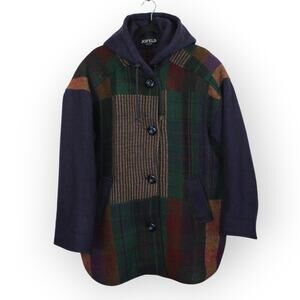 USA VTG JOFELD L/XL Plaid Wool-Blend Tweed Hood Jac-Shirt Duffle Chore Barn